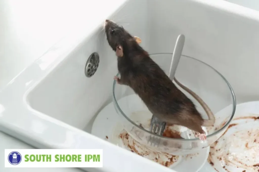 Rat and dirty dishes in kitchen sink