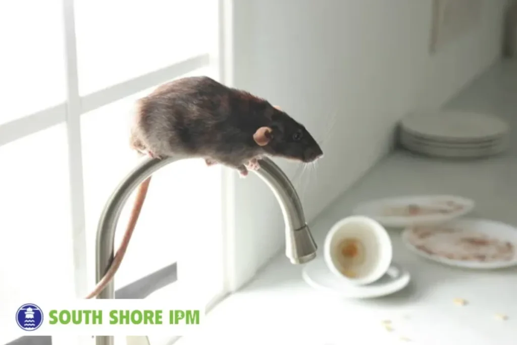 Rat on faucet in messy kitchen